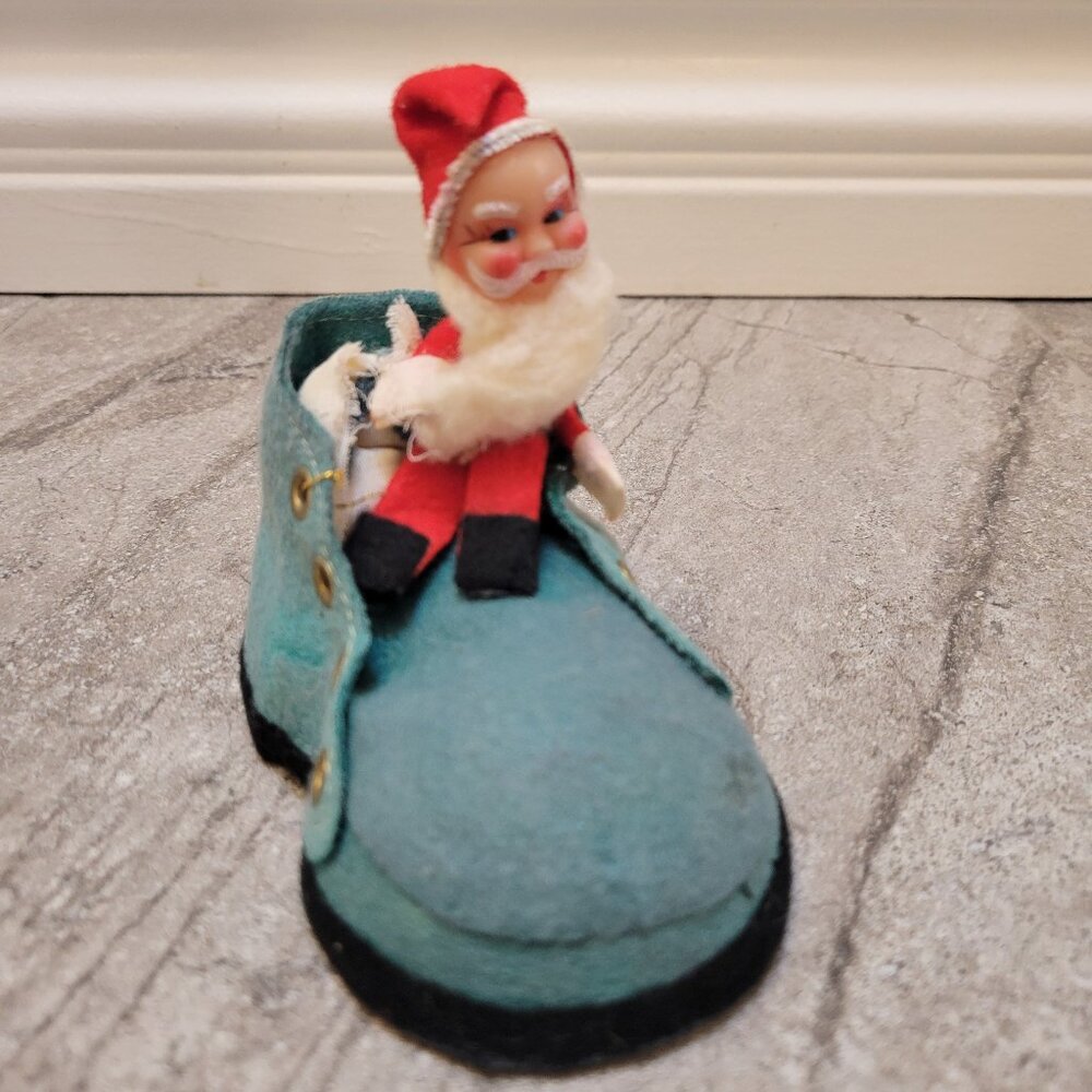 Vintage Christmas Felt Shoe with Santa Flocked Red & Blue Boot